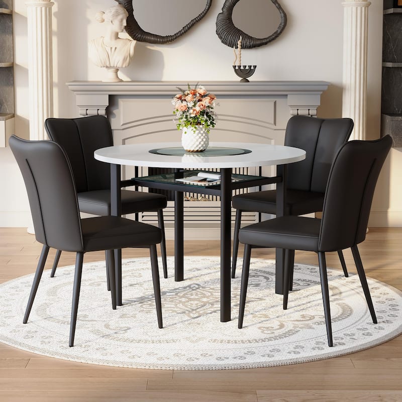 5 Piece Dining Table Set with 42 Inch Round Top Glass Insert and 6 PU Chairs Striped Backrest