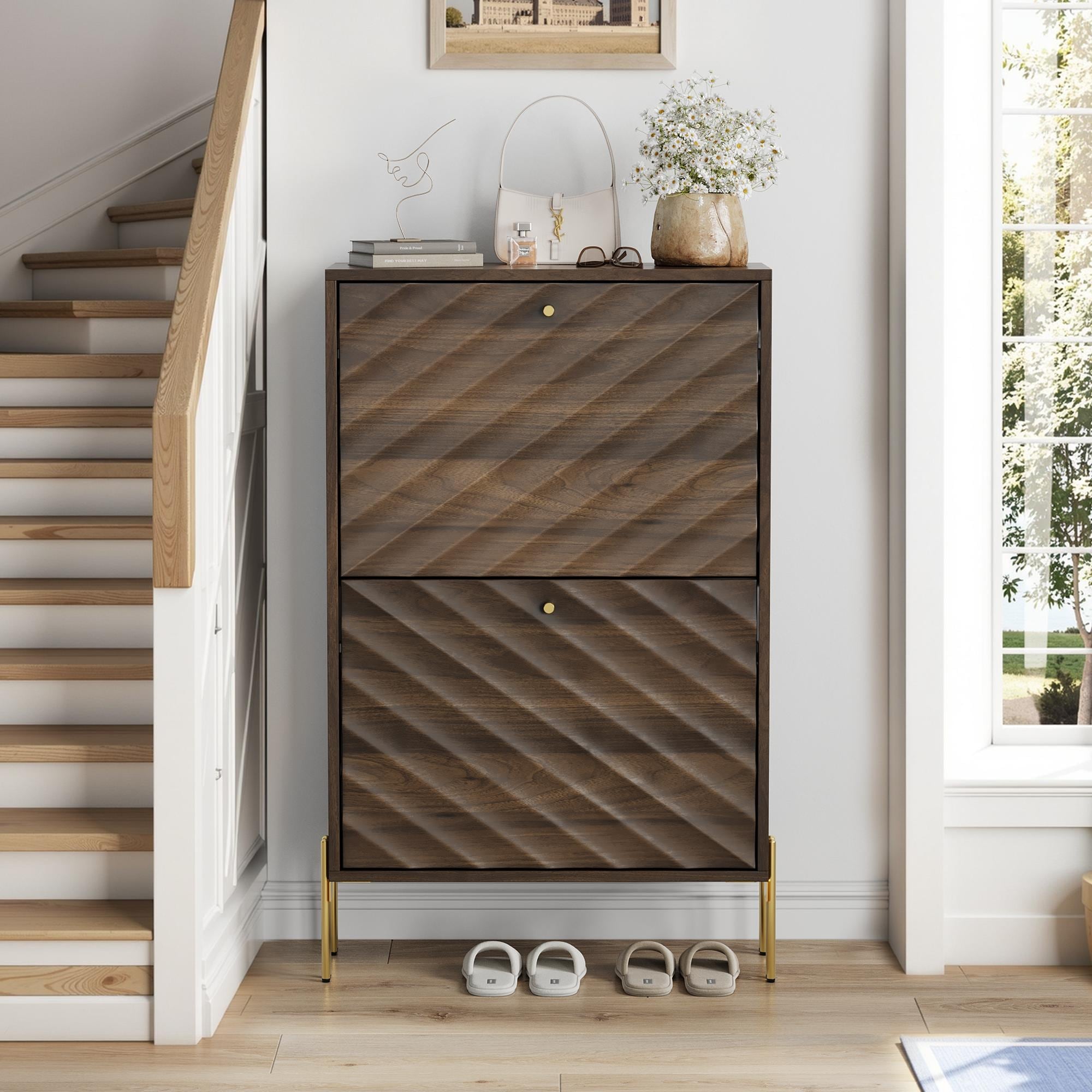 23.6 Inch Walnut Shoe Cabinet, Mid-century modern freestanding shoe cabinet, Freestanding organizer with metal legs
