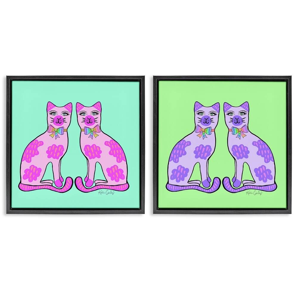 Stupell Bright Purple Cat Pairs Framed Floater Canvas Wall Art Design By Katie Conley (Set of 2)