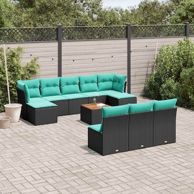 vidaXL 11 Piece Patio Sofa Set with Cushions Black Poly Rattan - 24.4 x 24.4 x 27.2