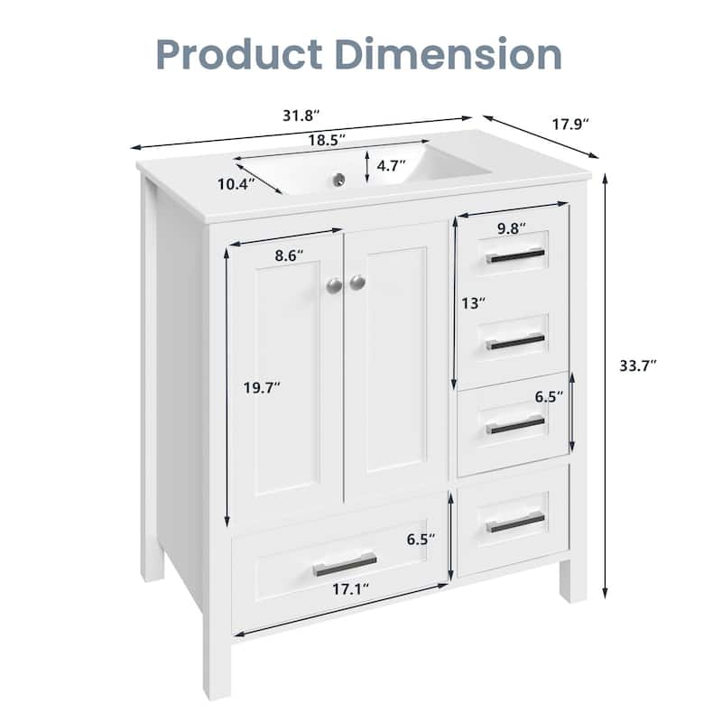 EROMMY All-in-One Bathroom Vanity with Ceramic Sink, Soft-Close Storage Cabinet & Drawer, Glossy Countertop, White