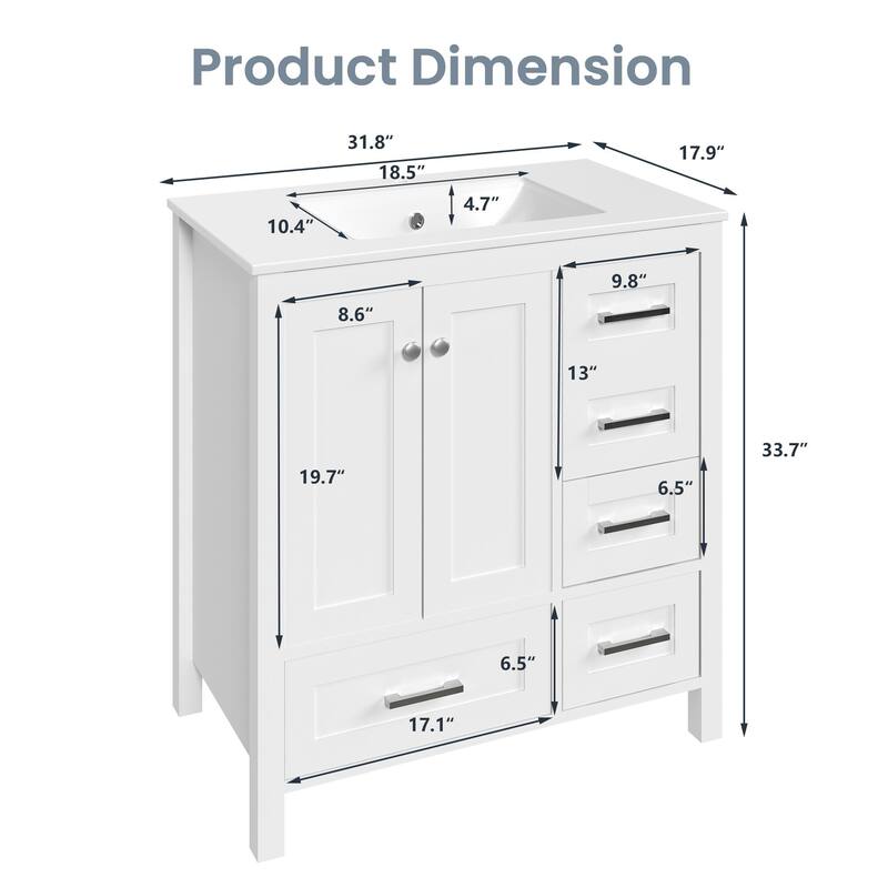 Modern Bathroom Vanity with Ceramic Sink, Soft-Close Storage Cabinet and Glossy Easy-Clean Countertop