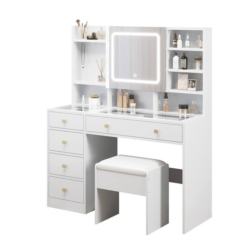5 drawers with shelves and hooks Dressing table set with plugs - White