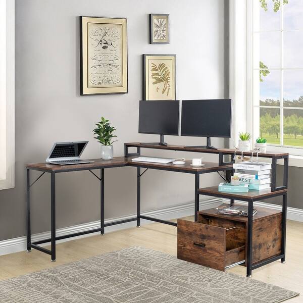 LShape Particleboard Computer Desk with USB Port and Drawer Bed Bath