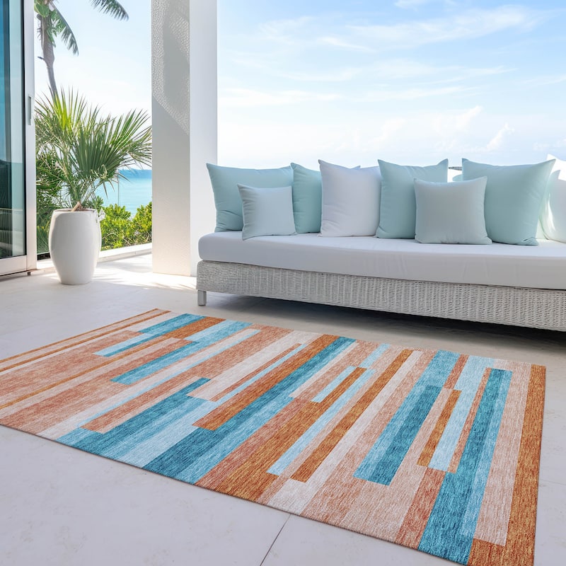 Machine Washable Indoor/ Outdoor Modern Stripes Chantille Rug - Orange - 10' x 14'