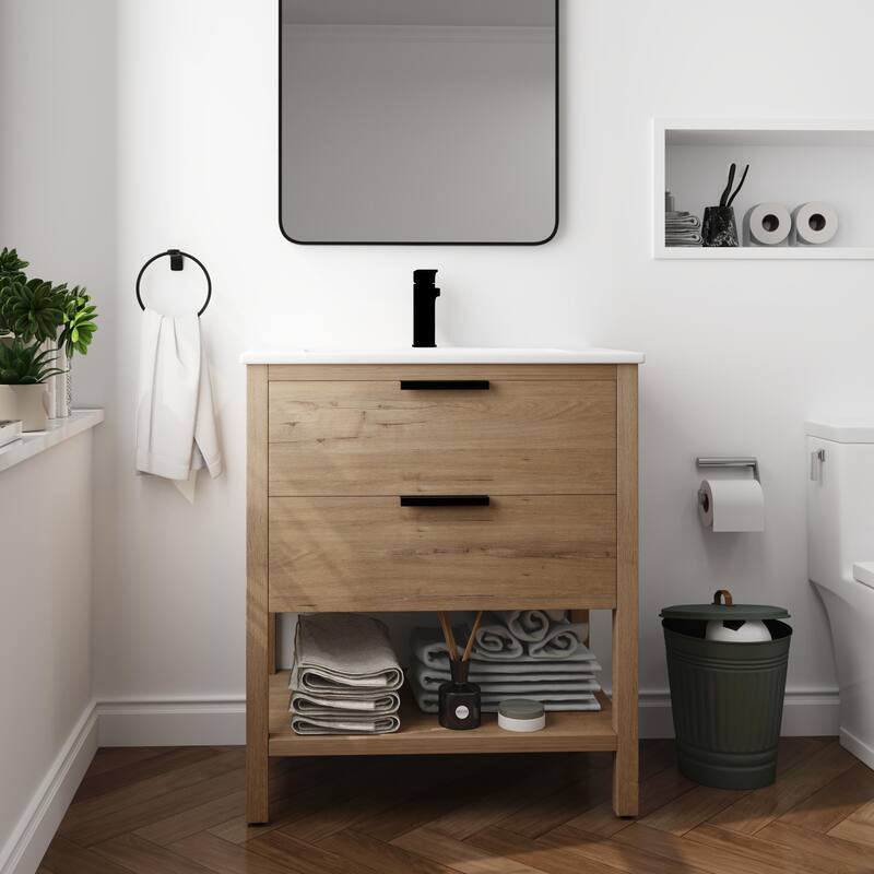 Beingnext 30"/36" Bathroom Vanity with Sink, Single Sink Freestanding Bathroom Vanity with 2 Soft Close Drawers -  30"W x 18.3"D x 33.5"H - Imitative Oak with Ceramic sink