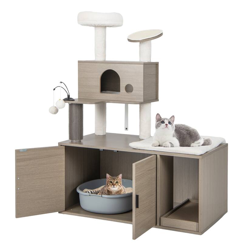 Cat Tree with Litter Box Enclosure for Indoor Cars-Gray