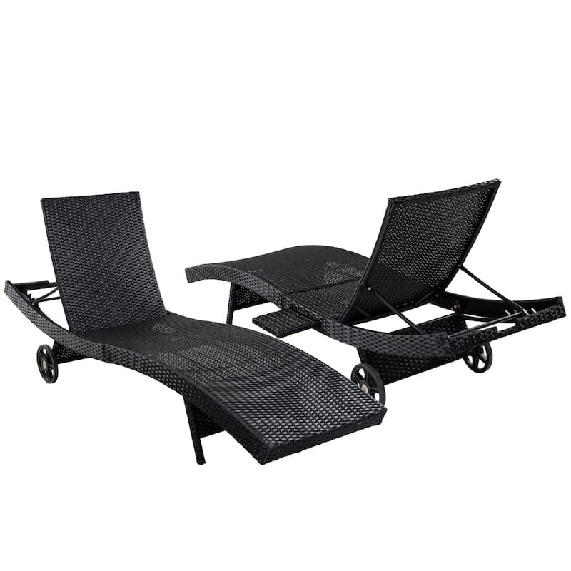80"Patio Chaise Lounge Chairs Set of 2, Rattan Reclining Chair w/Rolling Wheels & Pull-out Side Table, Adjustable Backrest