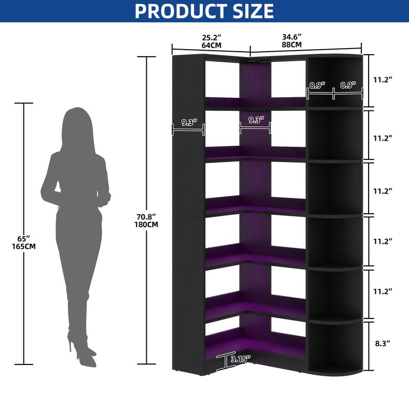 Moasis 70" Tall 6-Tier LED Corner Bookshelf L-Shaped Bookcase with Shelves for Living Room