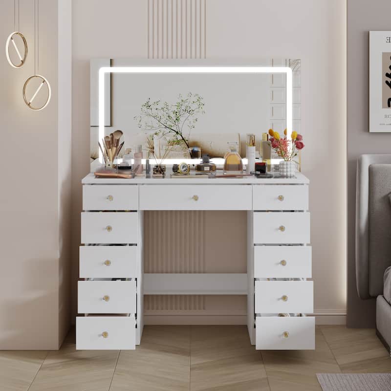 White Vanity Desk with Large LED Lighted Mirror & Glass Tabletop, Makeup Table with 11 Drawers
