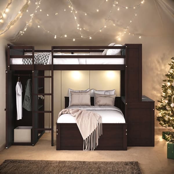 slide 2 of 15, Full Loft Bed with a Stand-alone bed, Shelves, Desk and Wardrobe, Black Espresso