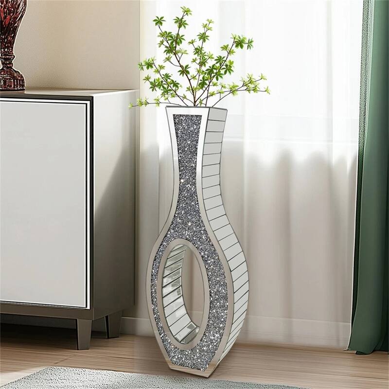 Tall Mirror Floor Vase with Silver Crystal Diamond Accents for Faux Flowers - Silver