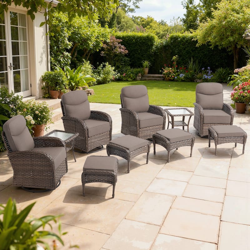 Meyreso 10-Piece Wicker Patio Swivel Glider Set with 6-Inch Thick Cushions and Ottomans - Brown Wicker - Gray Cushions