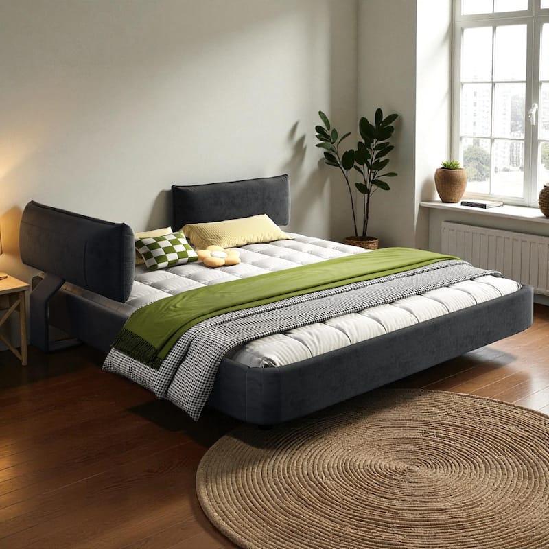 King Size Cloud Bed Frame with Oversized Movable Headboard, Chenille Upholstered Platform Bed with Metal & Wood Support