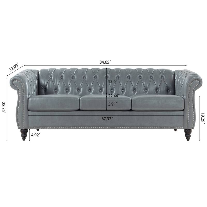 Chesterfield PU Leather 3 Seater Sofa, Upholstered Sofa with Rolled Armrests & Tufted Back, Lounge Sofa with Nailhead Trim