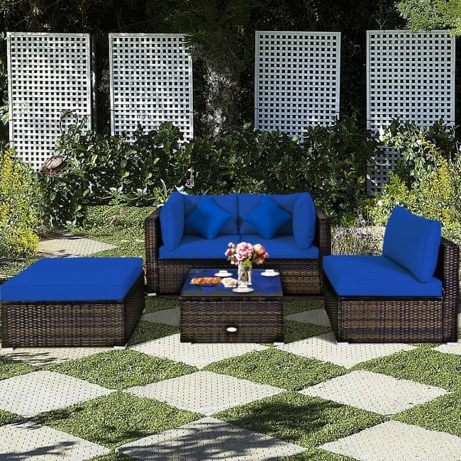 5 Pcs Outdoor Patio Rattan Furniture Set Sectional Conversation with Cushions - 29.5'' x 29.5'' x 25.5'' (L x W xH)