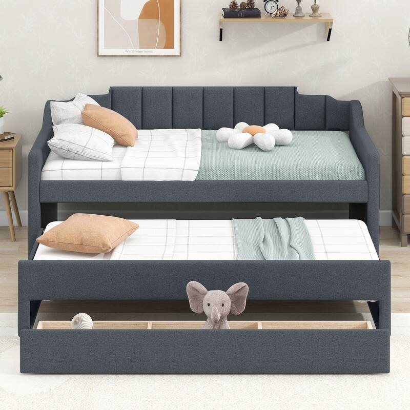 Twin Size Upholstered Daybed with Trundle and Three Drawers - Grey