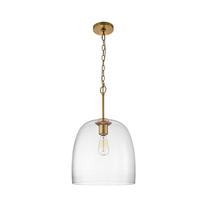 1-Light Golden Metal Curved Dome Bell-Shape Clear Glass Pendant Light - 14.5 in. W x 22.4 in. H