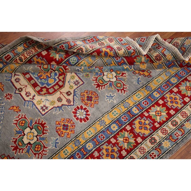 Gray Geometric Kazak Oriental Area Rug Hand-Knotted Wool Carpet - 4'11" x 6'10"