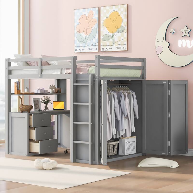 Twin/Full Size High Loft Bed with Built-in Desk, Wardrobe & 3 Drawers - Gray - Full