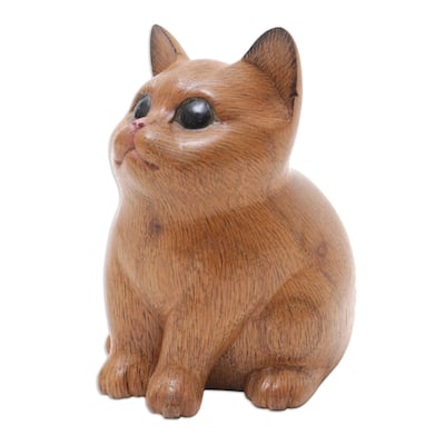 Novica Handmade Cozy Cat Wood Figurine