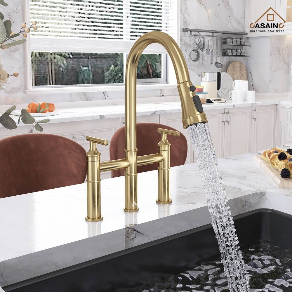 Double Handle Bridge Pull-Down Sprayhead Kitchen Faucet