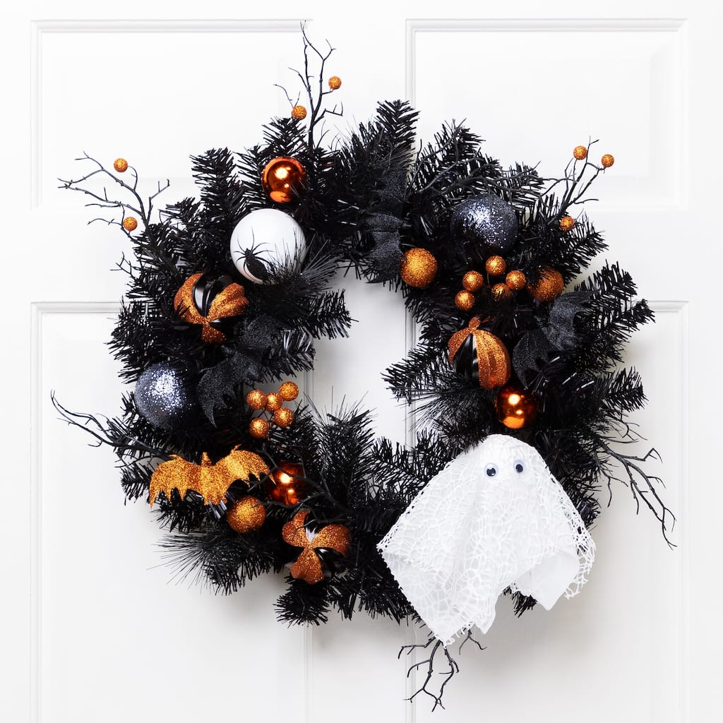 Ghost and Ornaments Artificial Halloween Wreath - 24" - Unlit
