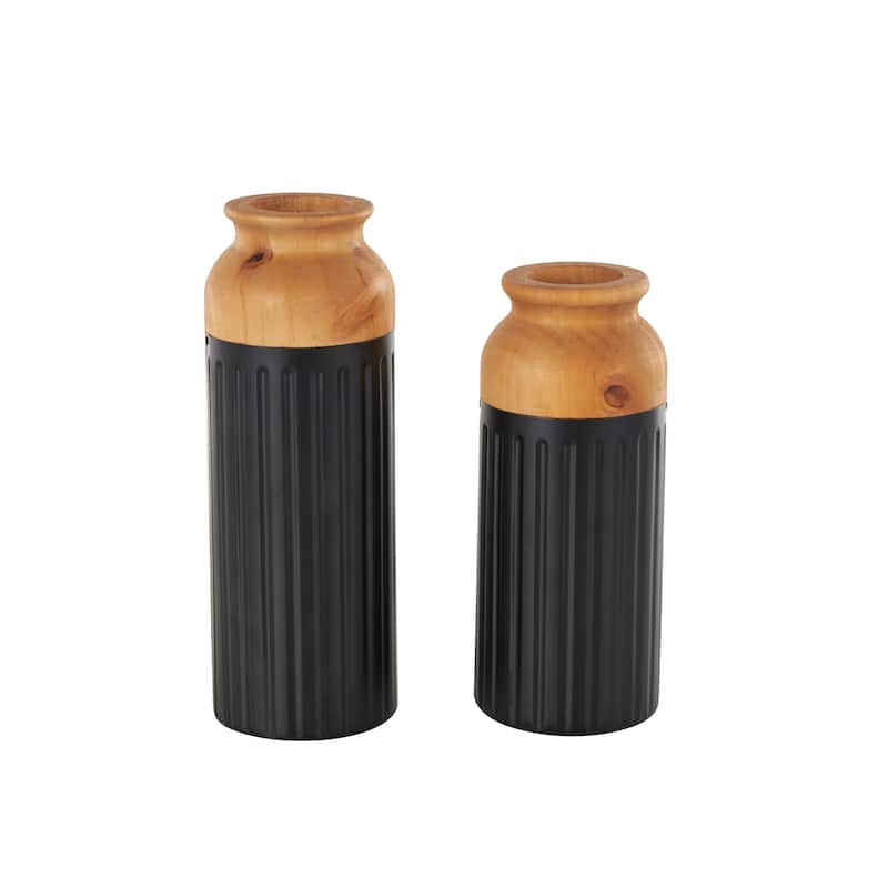 Metal Color Block Decorative Vase with Rounded Linear Grooves and Brown Wood Tops - Set of 2 Black - Roche River Decor