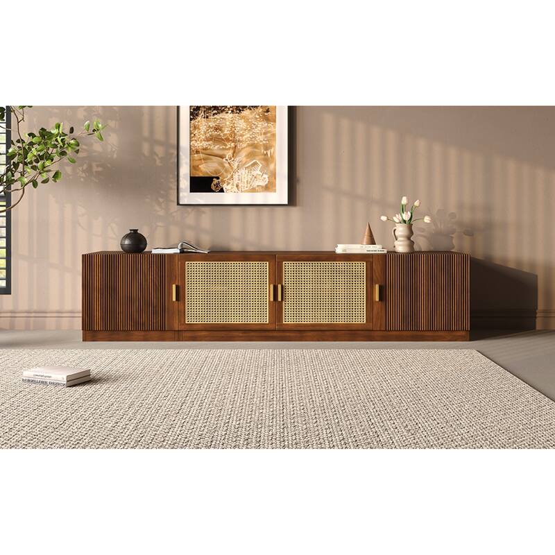 Roomfitters 78 Inch TV Stand for TVs up to 85 Inch, Walnut Media Console with Rattan Doors & Adjustable Shelf