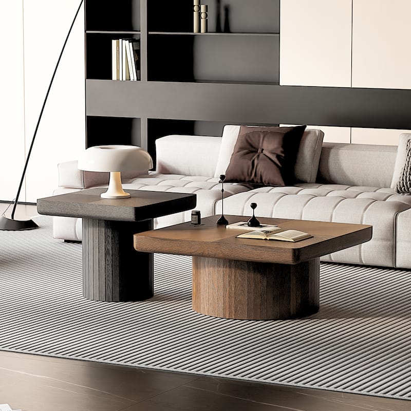 Modern Wood Coffee Table with Cylindrical & Fluted Pedestal - Black+Dark Walnut(Set of 2)