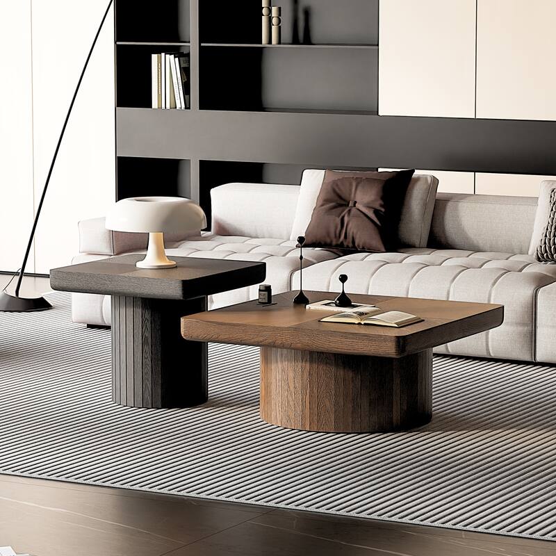 Wood Nesting Coffee Table Set, 2-Piece Coffee Table with Cylindrical Fluted Pedestal, Versatile Nesting Tables for Living Room - Black + Dark Walnut