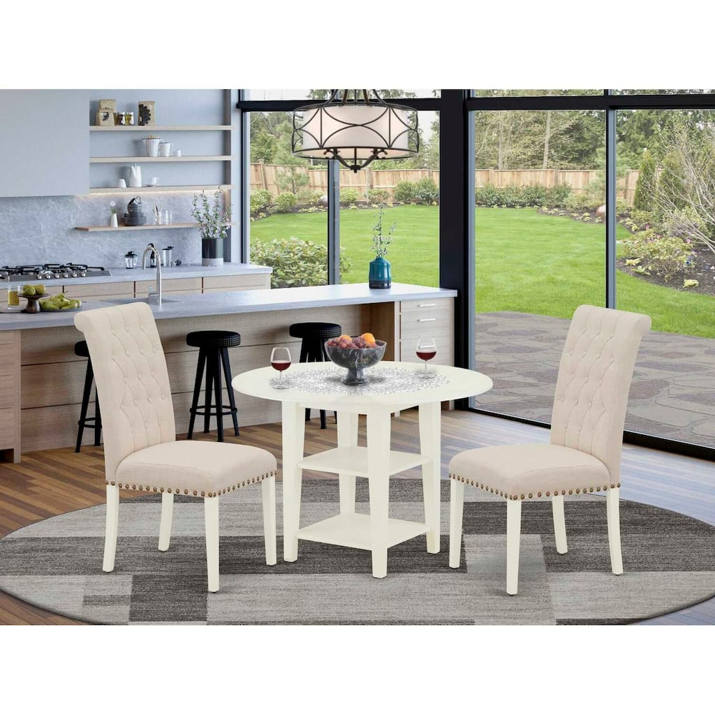 HomeStock 3-Piece Linen White Finish Round Solid Wood Top With Dropleaf Dining Table Set