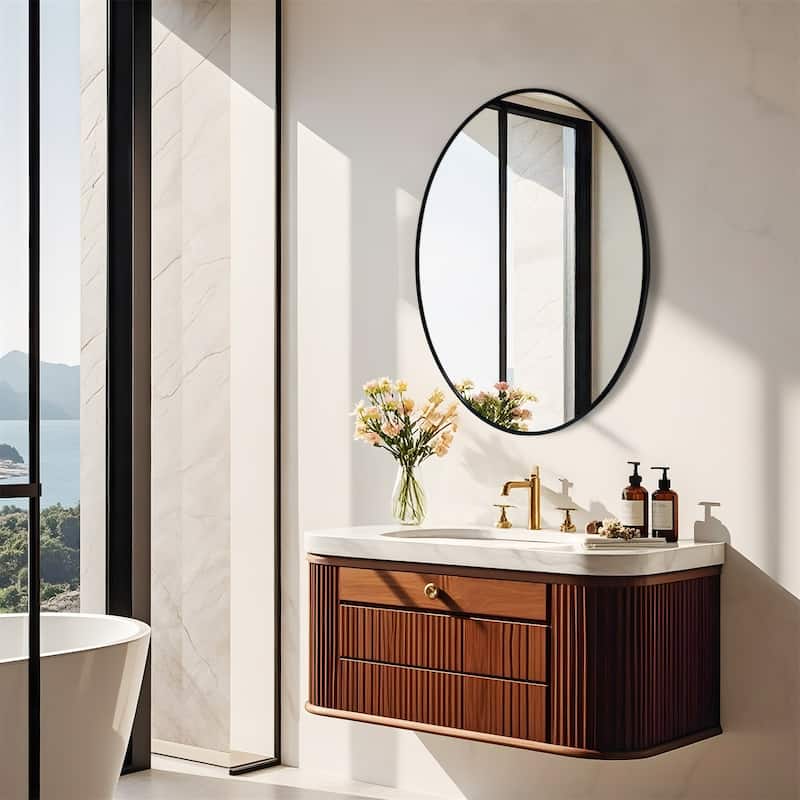Modern Vertical Black Aluminum Frame Oval Mirror Wall Hanging Vanity Mirror