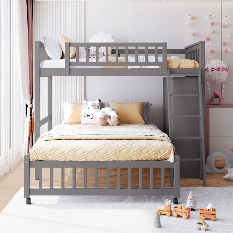Wooden Twin Over Full Bunk Bed With Six Drawers And Flexible Shelves,Bottom Bed With Wheels