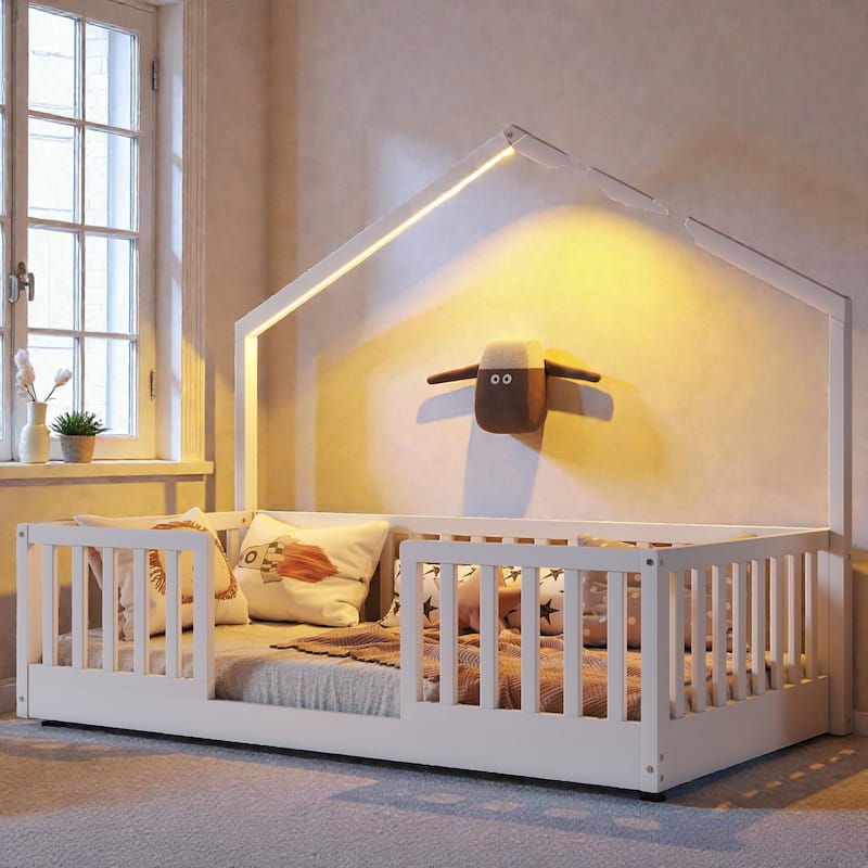 Wood Floor Bed with High Guardrails and LED Light, Montessori Style Low Profile Bed for Kids