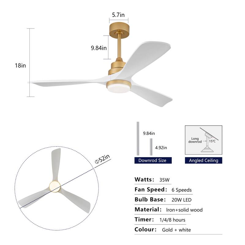 52" Ceiling Fan w/ Dimmable LED Light Remote Control Reversible DC Motor