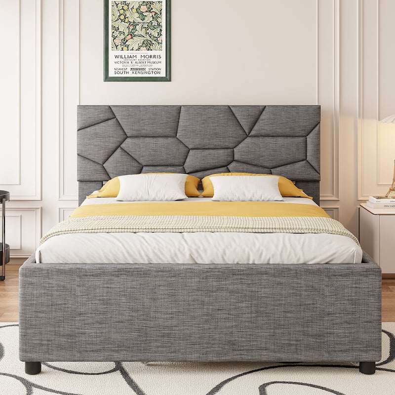 Roomfitters Queen Size Upholstered Platform Bed Frame with Twin XL Trundle and Geometric Patterned Headboard