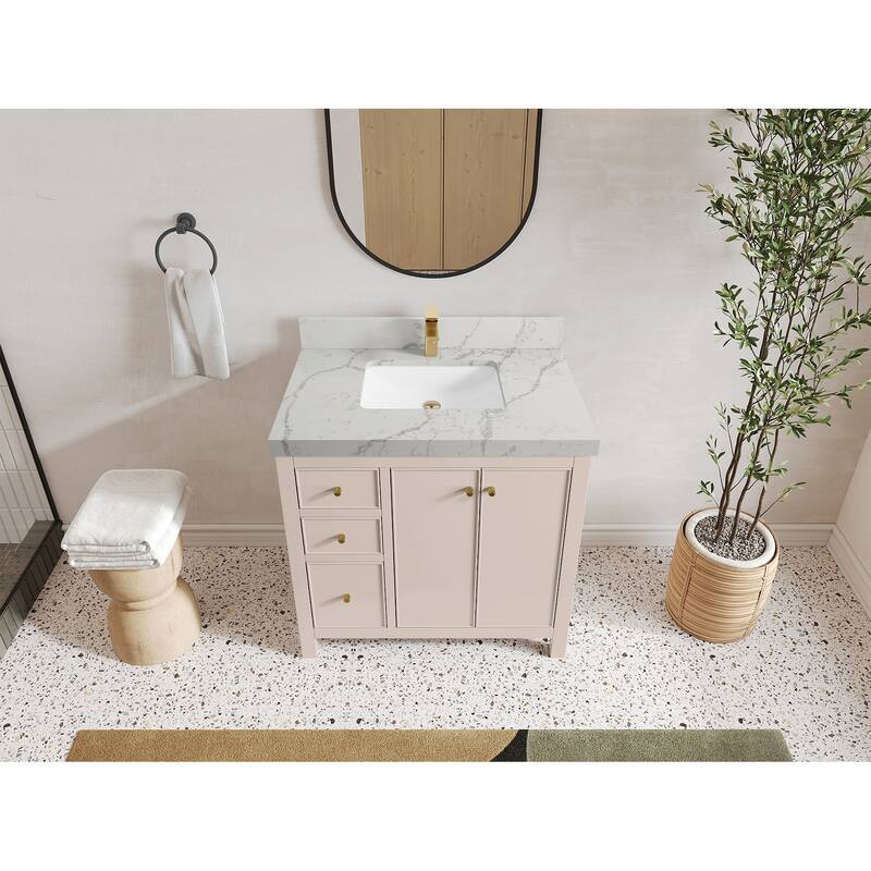 Willow Collections 36 in. W x 22 in. D Chicago Center Sink Right Bathroom Vanity with Countertop - 2”Venatino - Pink