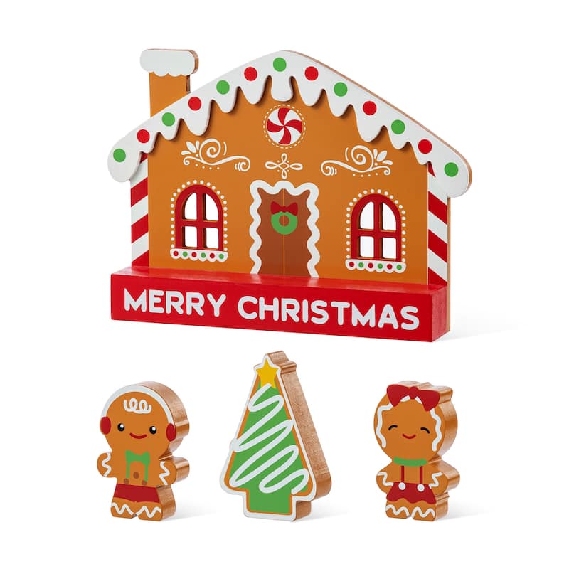 Glitzhome Set of 4 Wooden Christmas Gingerbread House Table Decor