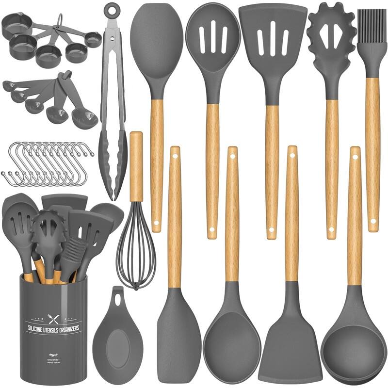 Kitchen Cooking Utensils Set, 33 pcs Non-Stick Utensils Spatula Set with Holder - Gray