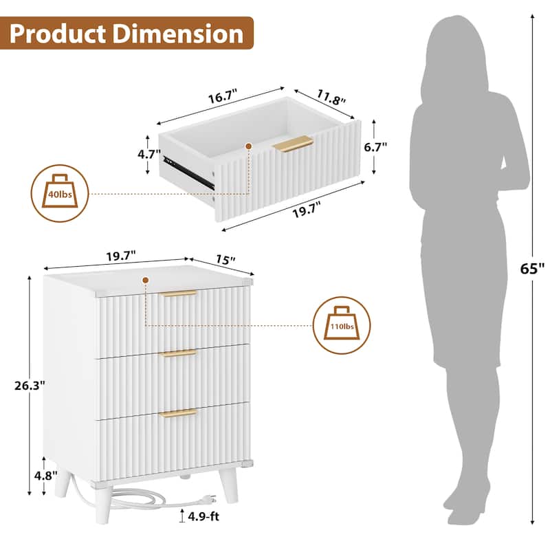 3 Drawer Dresser for Bedroom Nightstand with Charging Station