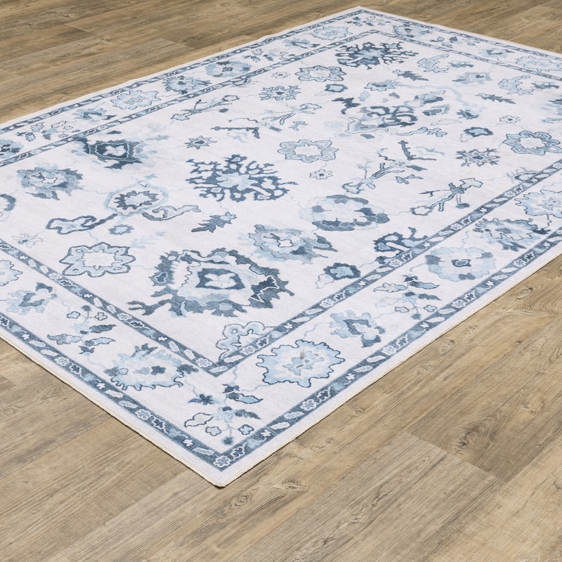 Ainsley Vintage Traditional Ivory/ Blue Printed Washable Flat Pile Area Rug