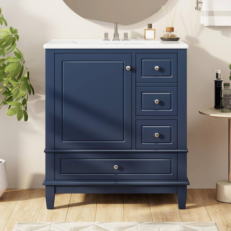 30" Bathroom Vanity with Sink, Soft-Close Door, One Door with Shelf & Three Drawers