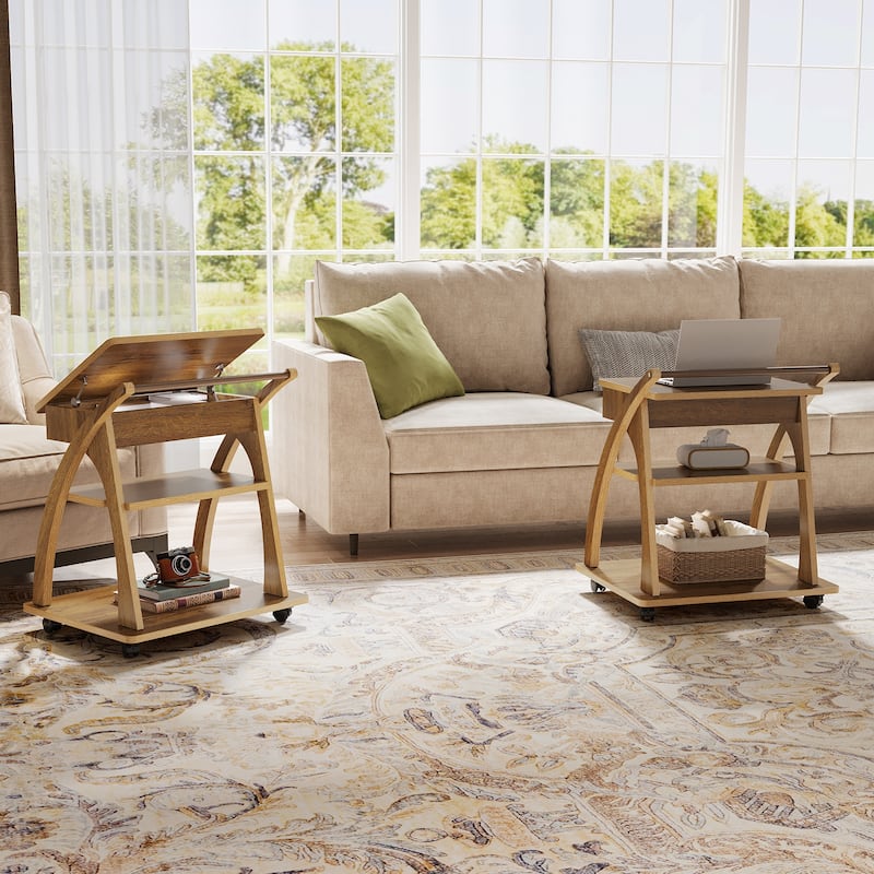 3-Tier Rolling Side Table, Adjustable Tabletop End Table with 1 Drawer, TV Tray for Small Spaces, Living Room