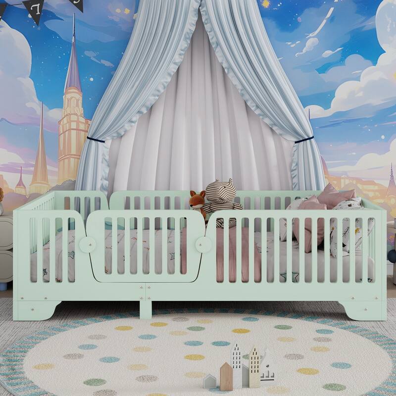 Kids Floor Bed with Safety Fence and Removable Door for Boys Girls