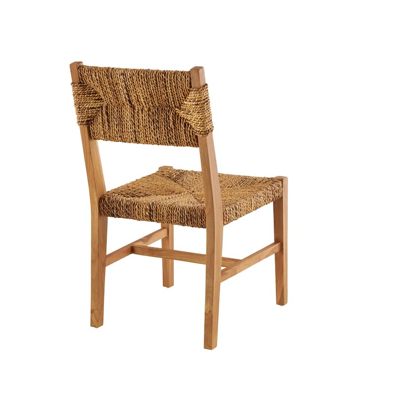 Light Brown Teak Wood Handmade Living Room Accent Chair with Woven Banana Leaf Seat (Set of 2)