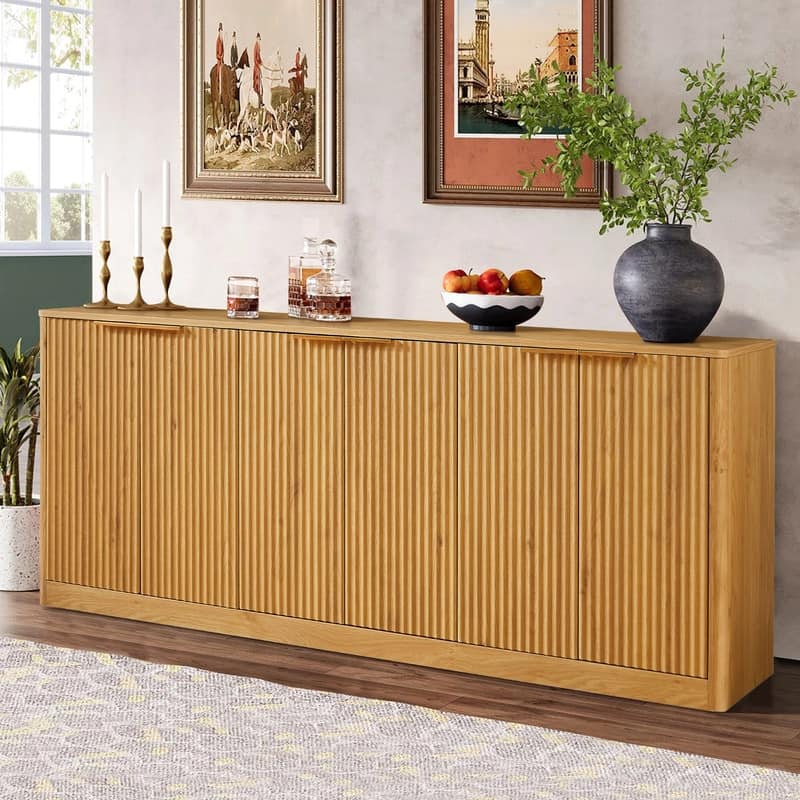 Modern 67" Fluted Buffet Sideboard Cabinet with Shelves, TV Stand Storage Cabinet with 4 Wave Doors for Organized Living Spaces