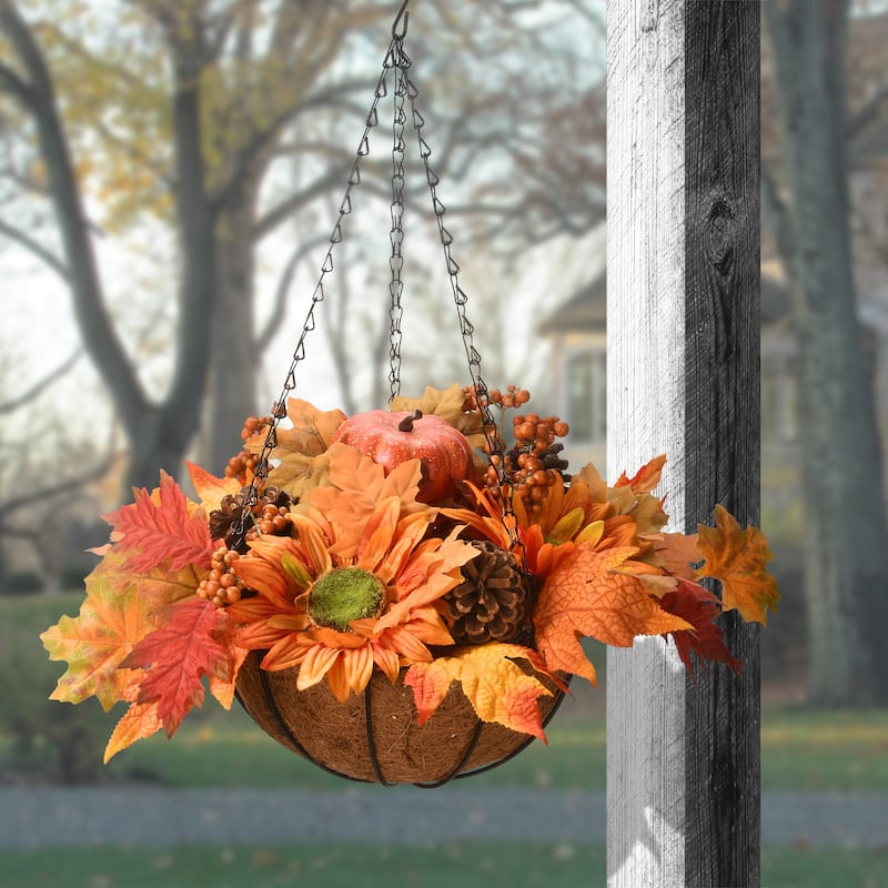 National Tree Company Hanging Basket with Maple Leaves, 3 Sunflowers, 3 Cones, 3 Berries & 1 Pumpkin, 18 inches - 18 in