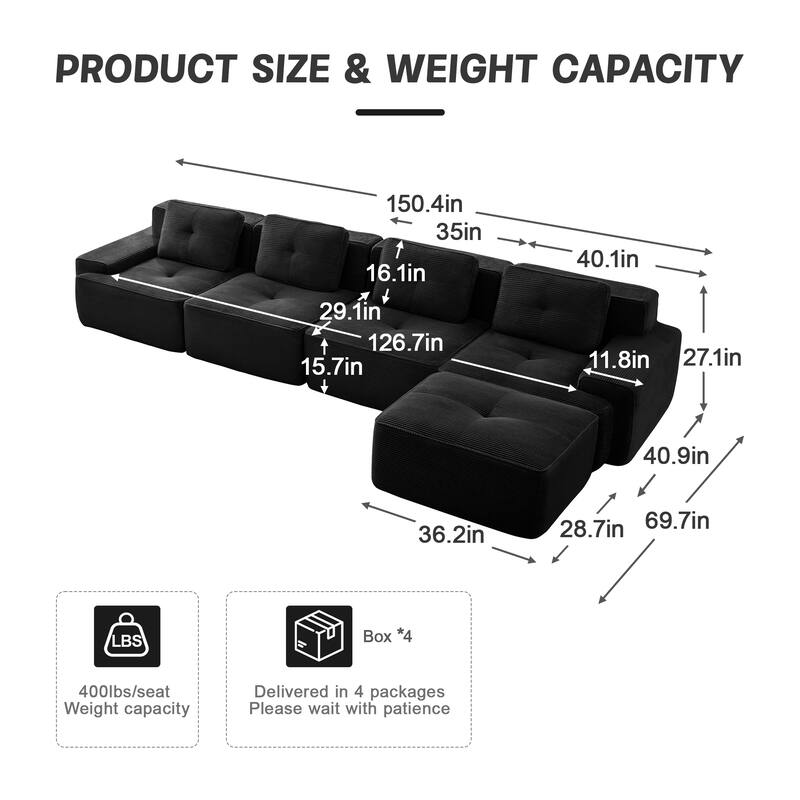Roomfitters No Assembly Modular Sofa, 117 Inch Corduroy 3-Seater with Piping, Black