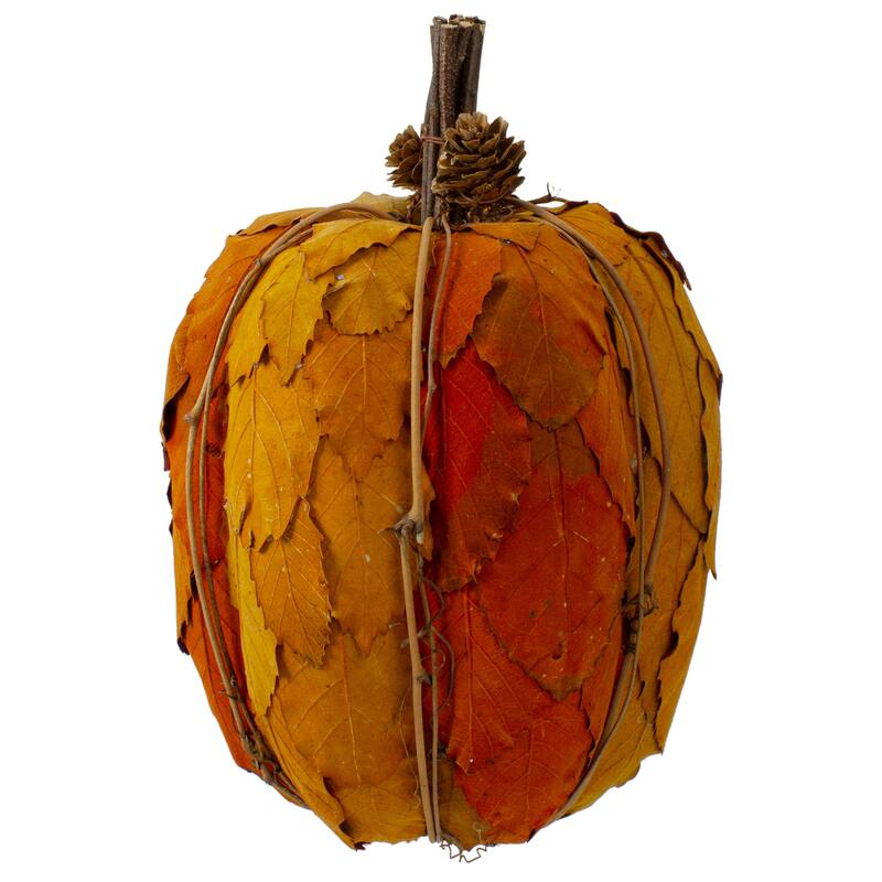 Fall Harvest Pumpkin with Layered Leaves and Pinecones - 9.75" - Orange and Brown